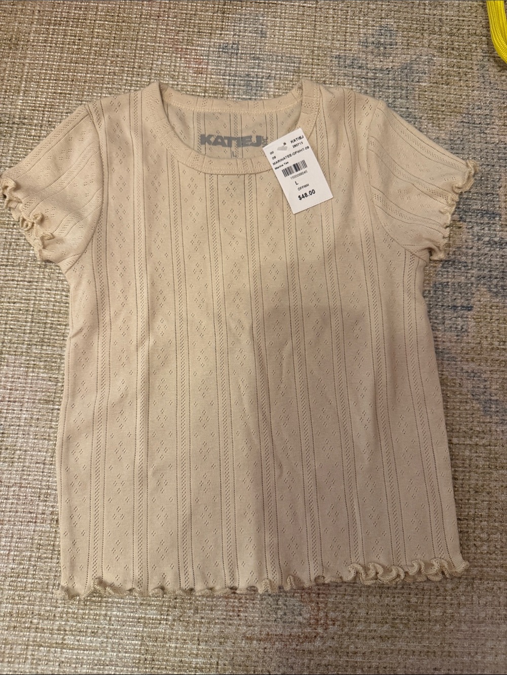 Katie J NYC Cream Short Sleeve Tee with Ruffle Edges